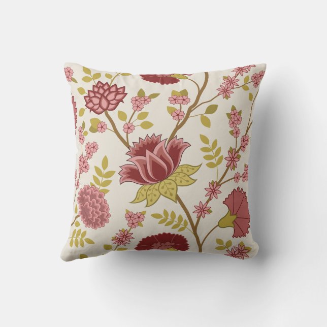 Jacobean Floral Lg Pattern Reds Pinks Gold Cream Outdoor Pillow (Back)