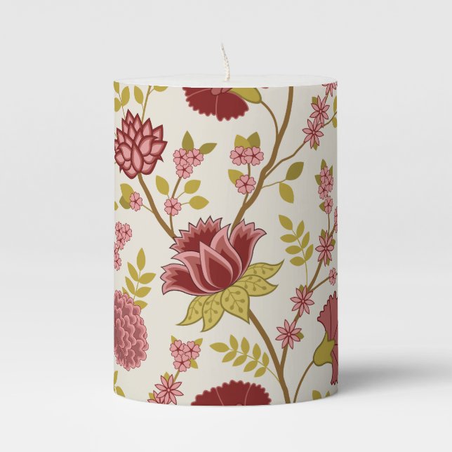 Jacobean Floral Lg Pattern Reds Pinks Gold Cream Pillar Candle (Front)