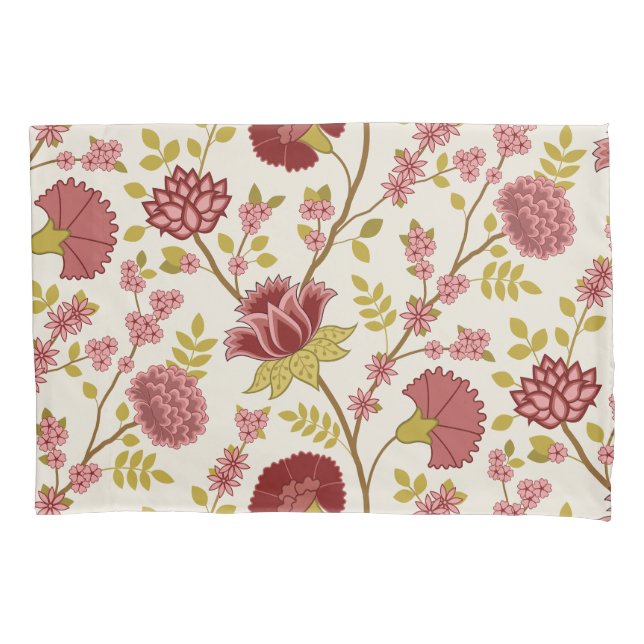 Jacobean Floral Lg Pattern Reds Pinks Gold Cream Pillow Case (Front-Left)
