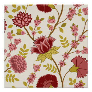 Jacobean Floral Lg Pattern Reds Pinks Gold Cream Poster