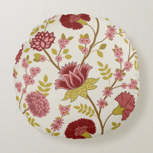 Jacobean Floral Lg Pattern Reds Pinks Gold Cream Round Pillow