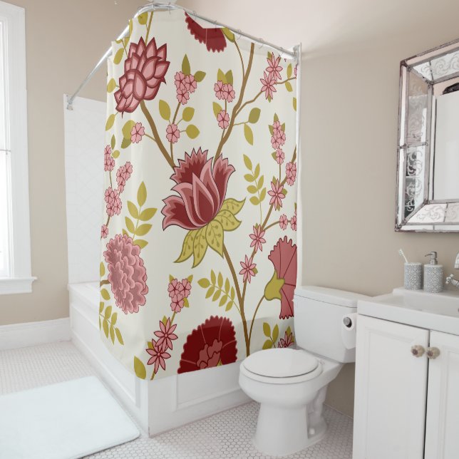 Jacobean Floral Lg Pattern Reds Pinks Gold Cream Shower Curtain (In Situ)