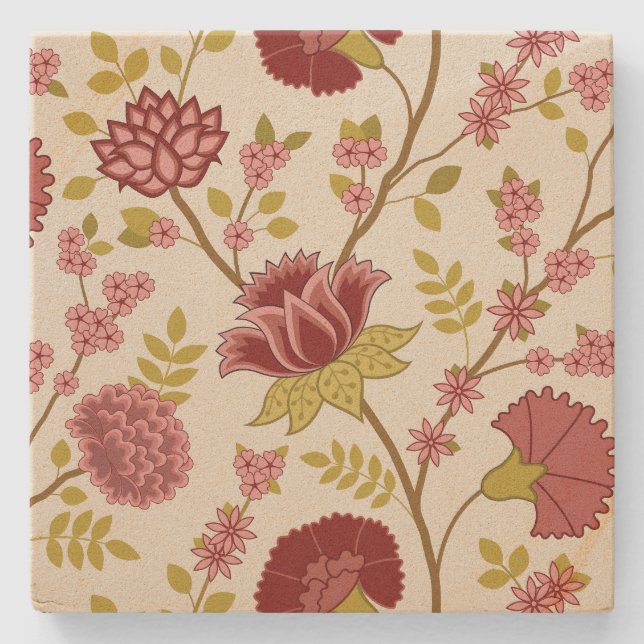Jacobean Floral Lg Pattern Reds Pinks Gold Cream Stone Coaster (Front)