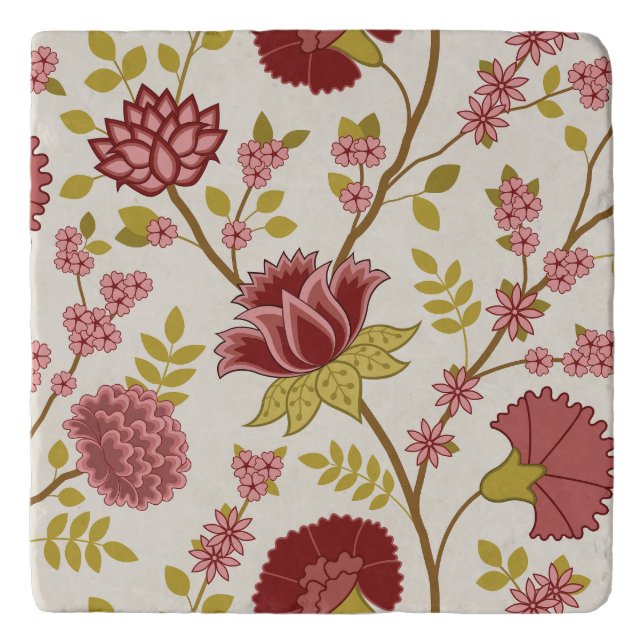 Jacobean Floral Lg Pattern Reds Pinks Gold Cream Trivet (Front)
