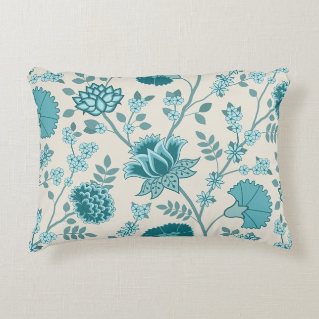 Jacobean Floral Lg Pattern Teals on Cream Accent Pillow (Front)