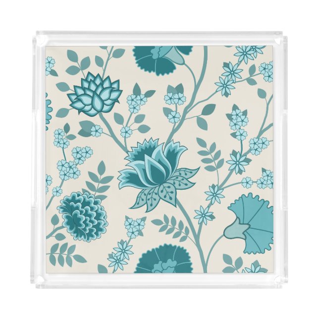 Jacobean Floral Lg Pattern Teals on Cream Acrylic Tray (Front)