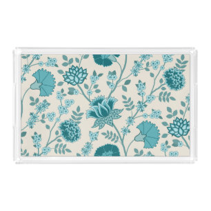 Jacobean Floral Lg Pattern Teals on Cream Acrylic Tray