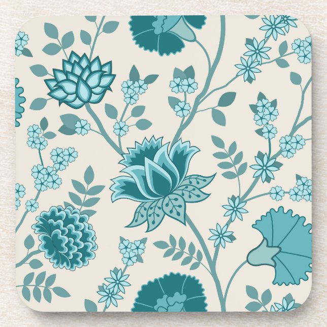 Jacobean Floral Lg Pattern Teals on Cream Beverage Coaster (Front)