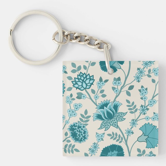 Jacobean Floral Lg Pattern Teals on Cream Keychain (Front)