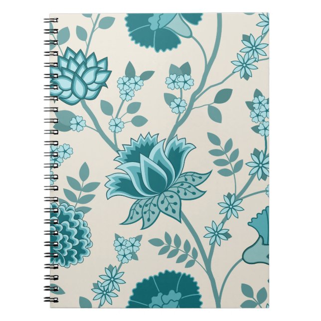 Jacobean Floral Lg Pattern Teals on Cream Notebook (Front)