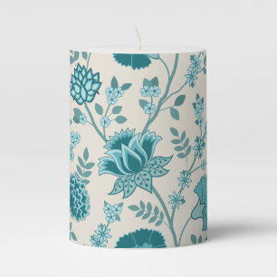 Jacobean Floral Lg Pattern Teals on Cream Pillar Candle