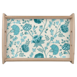 Jacobean Floral Lg Pattern Teals on Cream Serving Tray