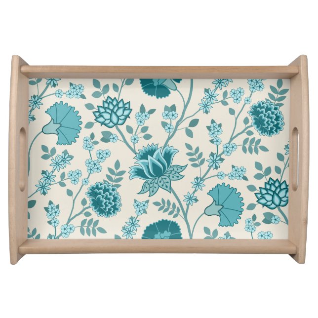 Jacobean Floral Lg Pattern Teals on Cream Serving Tray (Front)