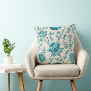 Jacobean Floral Lg Pattern Teals on Cream Throw Pillow