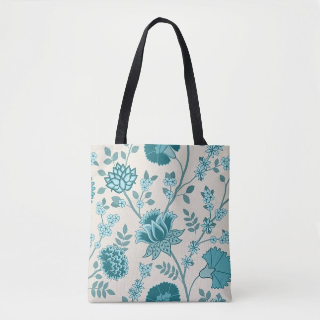 Jacobean Floral Lg Pattern Teals on Cream Tote Bag (Front)