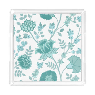 Jacobean Floral Lg Pattern Teals on White Acrylic Tray
