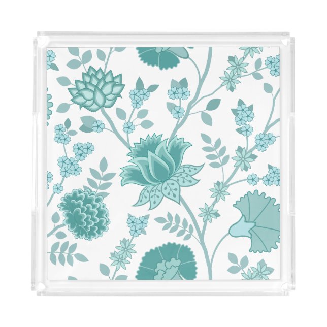 Jacobean Floral Lg Pattern Teals on White Acrylic Tray (Front)