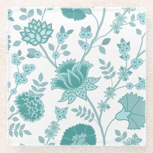 Jacobean Floral Lg Pattern Teals on White Glass Coaster (Front)