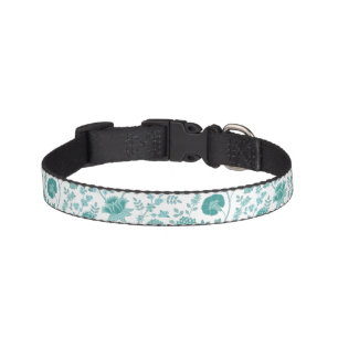Jacobean Floral Lg Pattern Teals on White Pet Collar