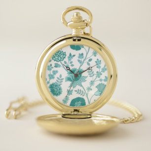Jacobean Floral Lg Pattern Teals on White Pocket Watch