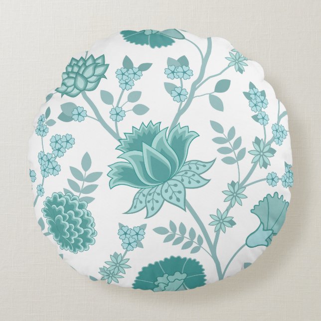 Jacobean Floral Lg Pattern Teals on White Round Pillow (Front)
