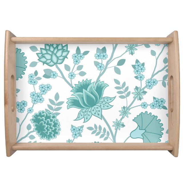 Jacobean Floral Lg Pattern Teals on White Serving Tray (Front)