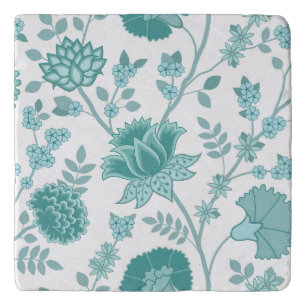 Jacobean Floral Lg Pattern Teals on White Trivet