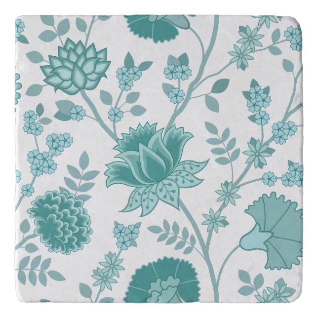 Jacobean Floral Lg Pattern Teals on White Trivet (Front)