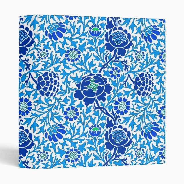 Jacobean Floral , Navy and Cerulean Blue 3 Ring Binder (Front/Spine)
