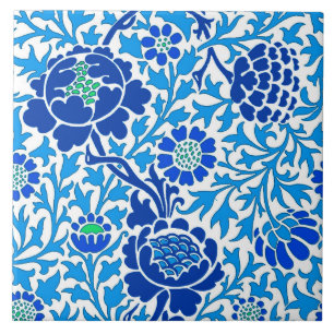 Jacobean Floral , Navy and Cerulean Blue Ceramic Tile
