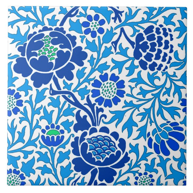 Jacobean Floral , Navy and Cerulean Blue Ceramic Tile (Front)