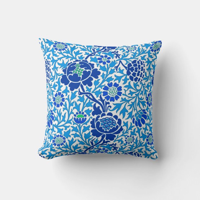 Jacobean Floral , Navy and Cerulean Blue Throw Pillow (Front)
