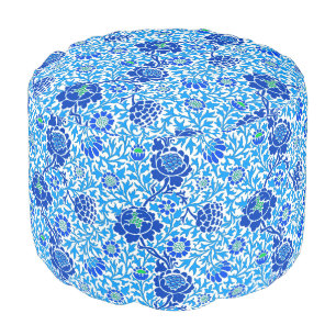Jacobean Floral, Navy, White and Cerulean Blue Pouf