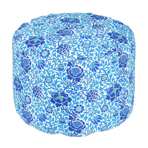 Jacobean Floral Navy White and Cerulean Blue Pouf