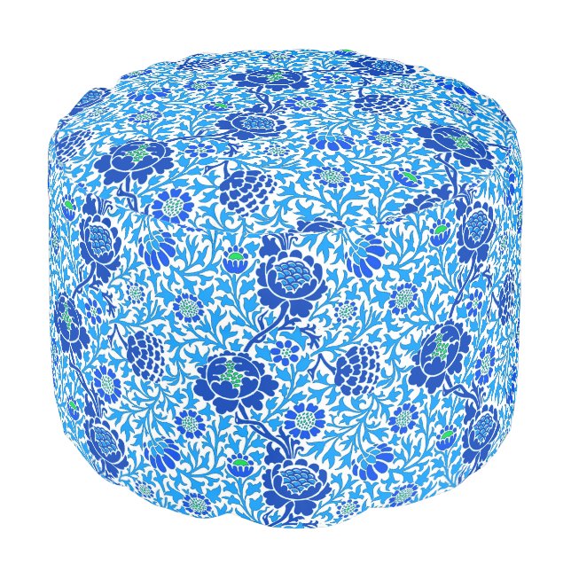 Jacobean Floral, Navy, White and Cerulean Blue Pouf (Angled Front)