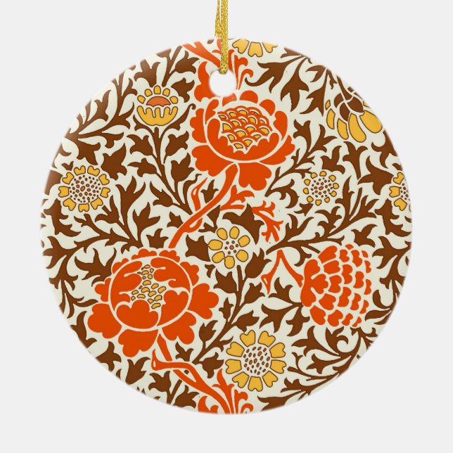 Jacobean Floral, Orange, Brown and Mustard Gold Ceramic Ornament (Back)
