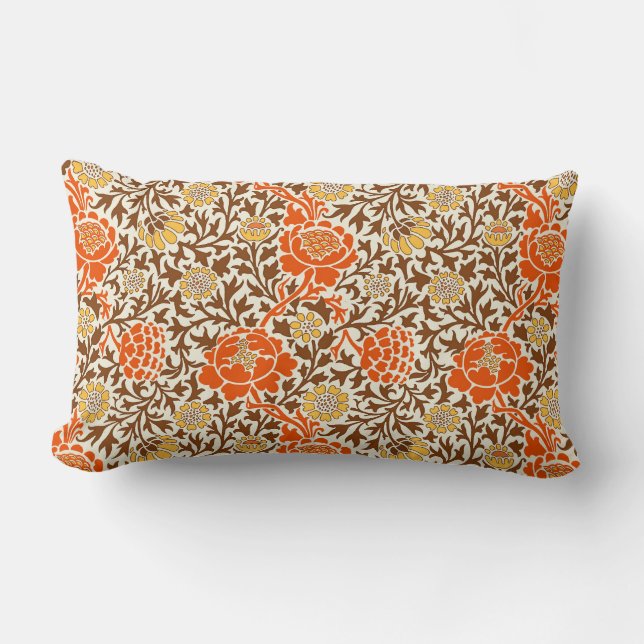 Jacobean Floral, Orange, Brown and Mustard Gold Lumbar Pillow (Front)