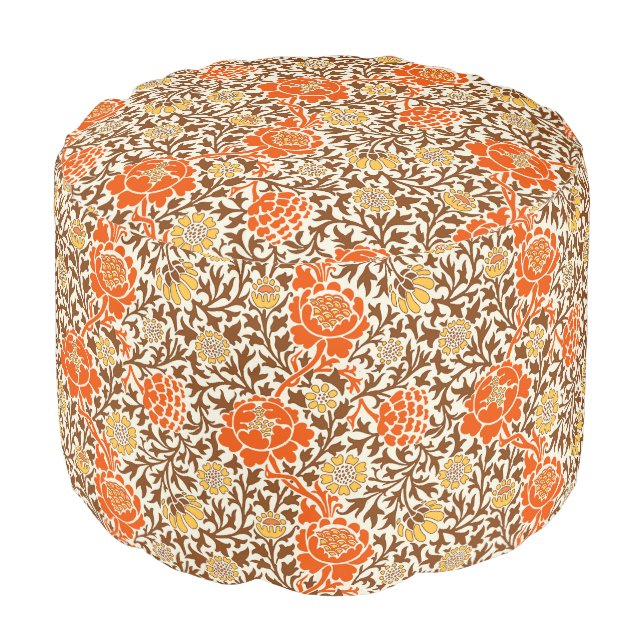 Jacobean Floral, Orange, Brown and Mustard Gold Pouf (Angled Front)