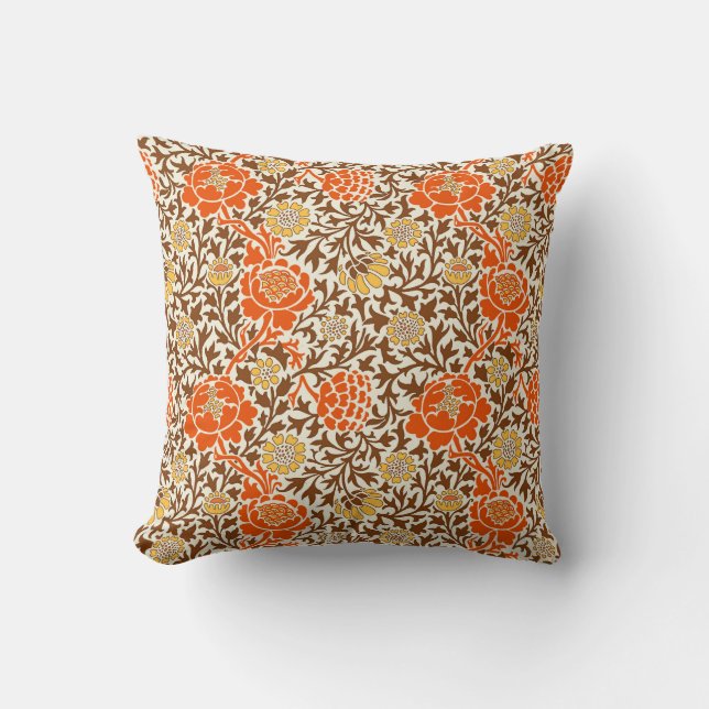 Jacobean Floral, Orange, Brown and Mustard Gold Throw Pillow (Front)