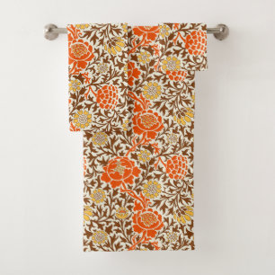 Jacobean Floral , Orange Brown & Mustard Gold Bath Towel Set