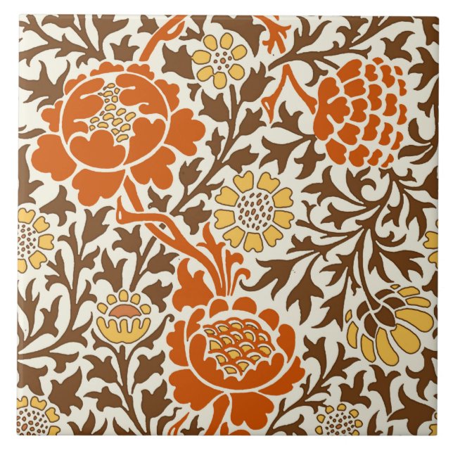 Jacobean Floral , Orange Brown & Mustard Gold Ceramic Tile (Front)