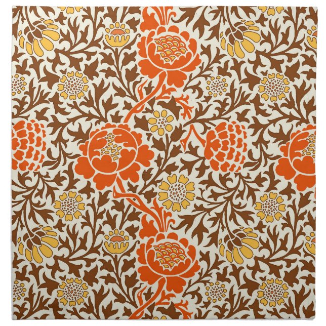 Jacobean Floral , Orange Brown & Mustard Gold Cloth Napkin (Front)