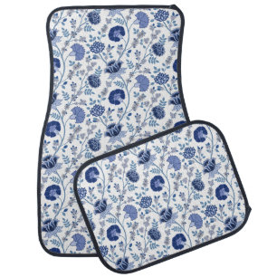 Jacobean Floral Pattern Blue on White Car Floor Mat