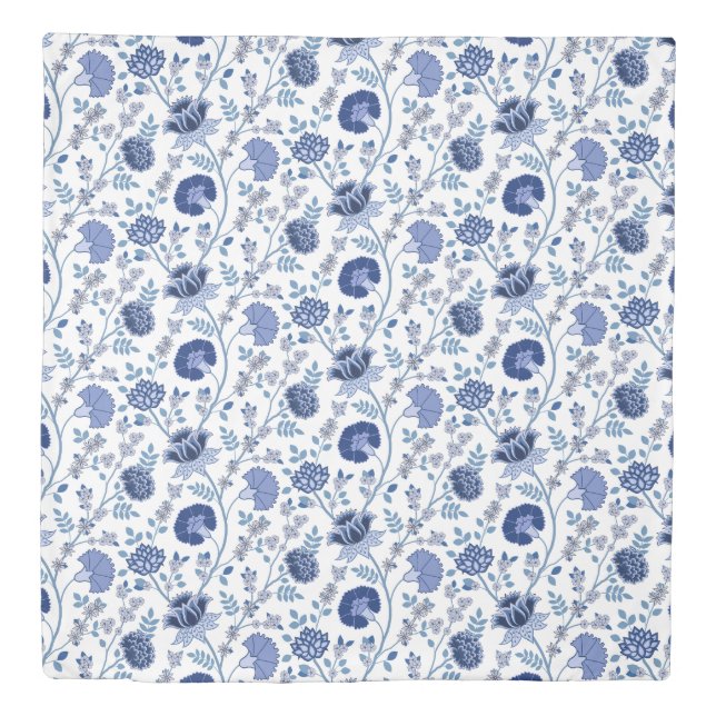 Jacobean Floral Pattern Blue on White Duvet Cover (Front)