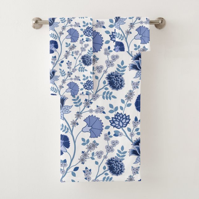 Jacobean Floral Pattern Blues on White Bath Towel Set (Insitu)