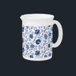 Jacobean Floral Pattern Blues on White Beverage Pitcher<br><div class="desc">Jacobean style floral surface pattern design in contrasting blues on a white background.</div>