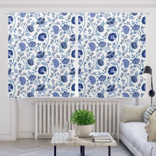 Jacobean Floral Pattern Blues on White Blackout Curtains
