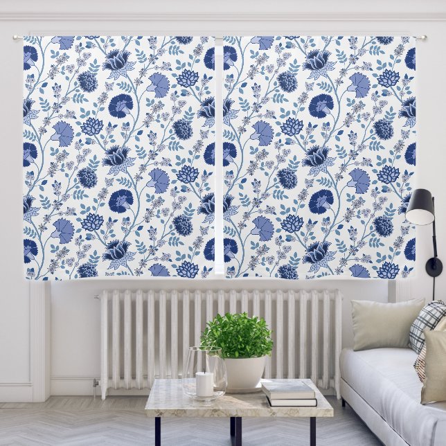 Jacobean Floral Pattern Blues on White Blackout Curtains (Living Room)