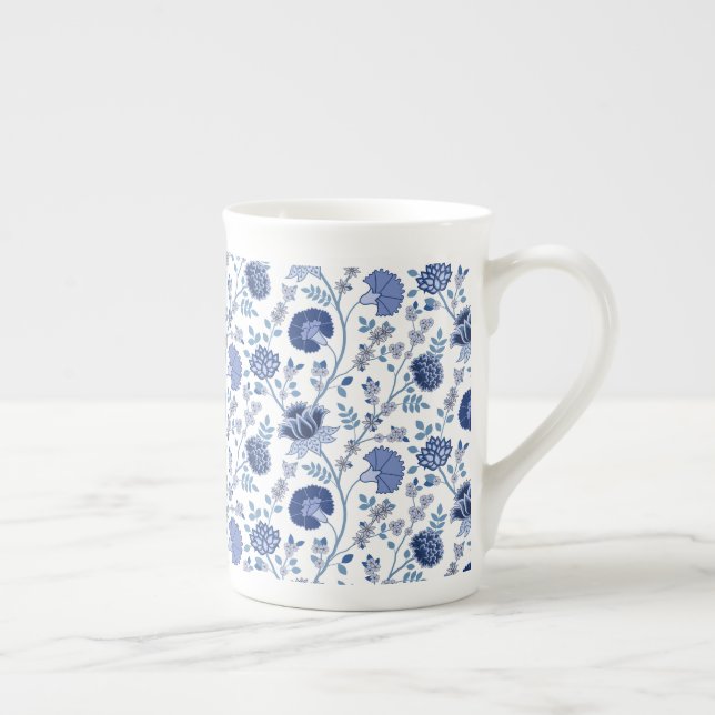 Jacobean Floral Pattern Blues on White Bone China Mug (Right)