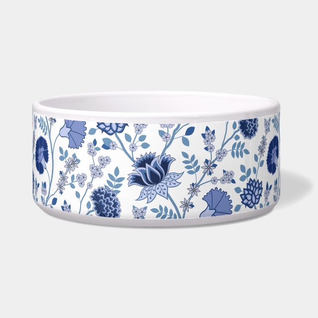 Jacobean Floral Pattern Blues on White Bowl (Front)